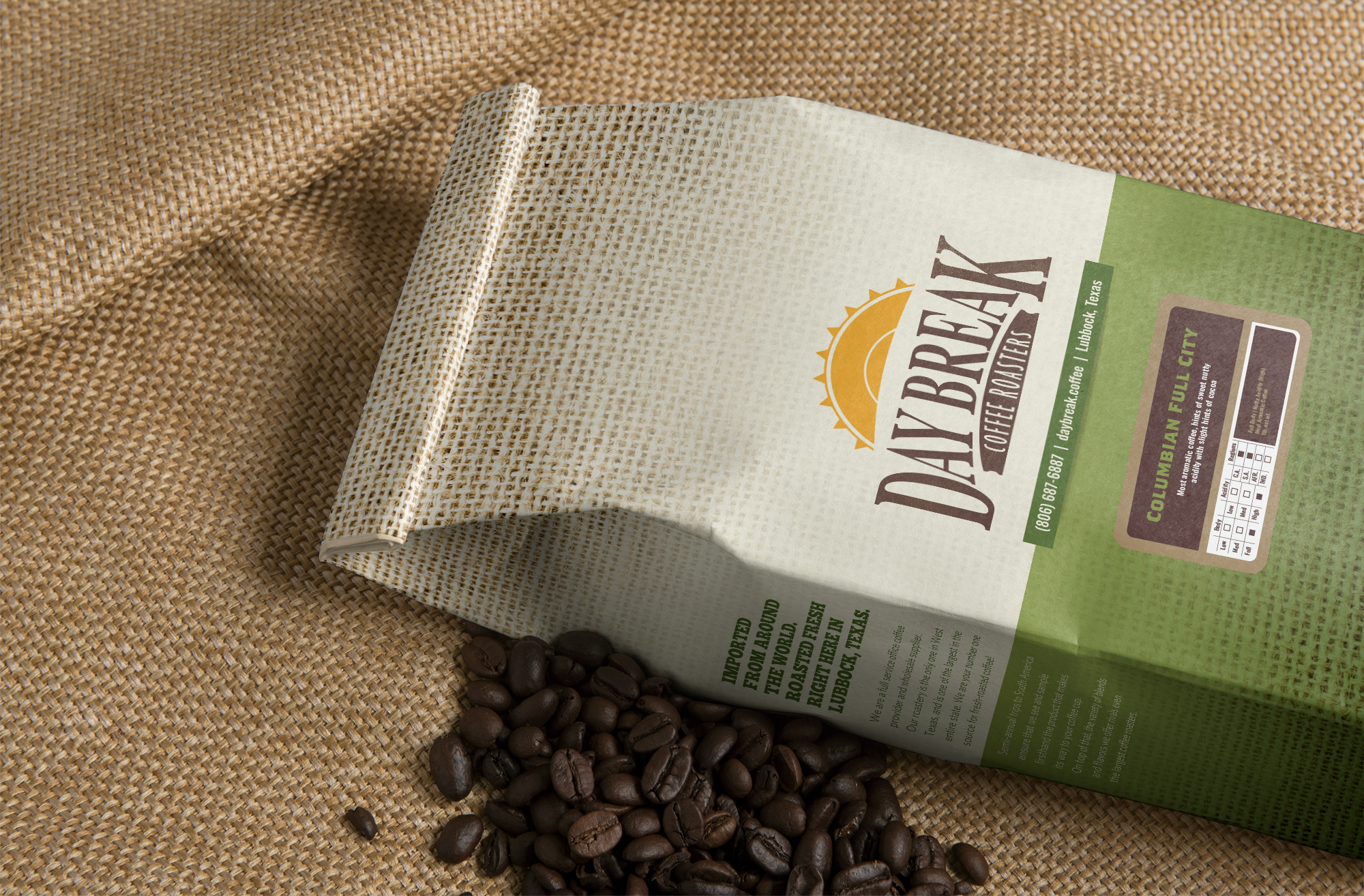 Day Break Colombian Full City coffee bags and beans